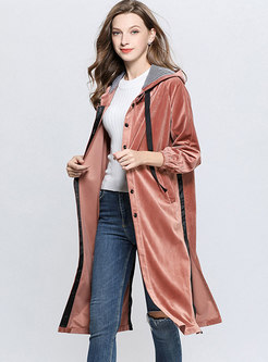Hooded Single-breasted Corduroy Trench Coat