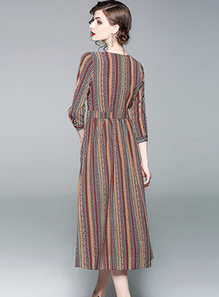 V-neck Striped High Waisted Chiffon Dress