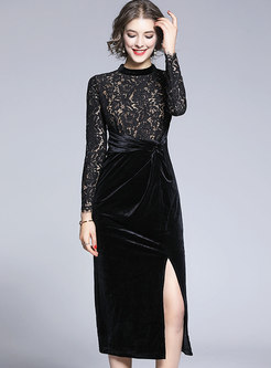 Black Lace Patchwork Velvet Sheath Dress