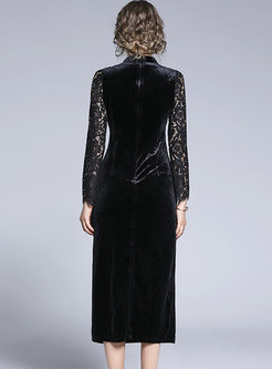 Black Lace Patchwork Velvet Sheath Dress