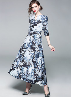 V-neck Half Sleeve Print Maxi Dress
