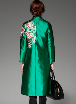 Mock Neck Embroidered Knee-length Trench Coat