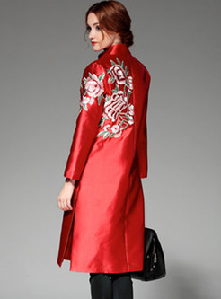 Mock Neck Embroidered Knee-length Trench Coat