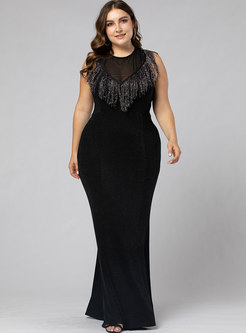 Black Plus Size Mesh Fringed Prom Maxi Dress