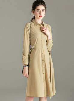 Solid Color Lapel Single-breasted Shirt Dress