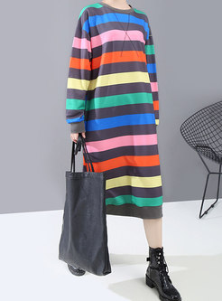 Color-blocked Rainbow Striped T-shirt Dress