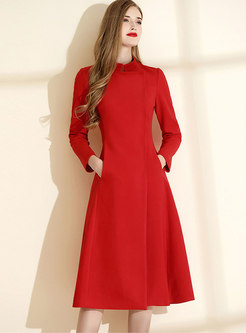 Red Long Sleeve Split A Line Dress
