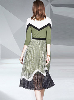 Color-blocked Pullover Lace Pleated Suit Dress