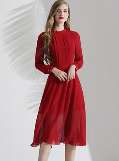 Red Long Sleeve Chiffon A Line Dress