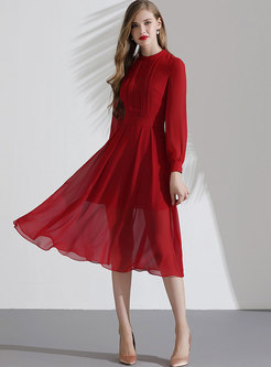 Red Long Sleeve Chiffon A Line Dress