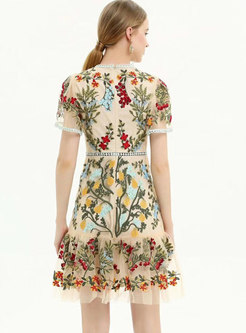 Short Sleeve Embroidered A Line Mini Dress
