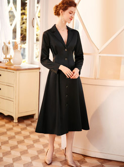 Black Notched A Line Midi Coat Dress