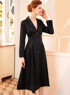 Black Notched A Line Midi Coat Dress