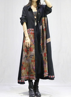 Plus Size Print Patchwork Long Trench Coat