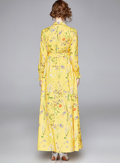 Yellow Print Long Sleeve Formal Dress