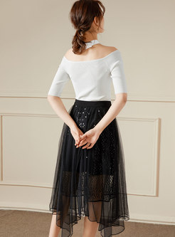 Black High Waisted Sequin Mesh Skirt
