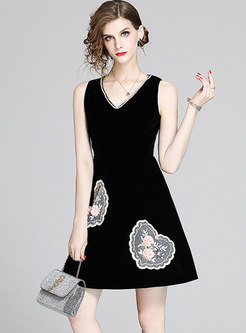Black Sleeveless Beading Mini Skater Dress