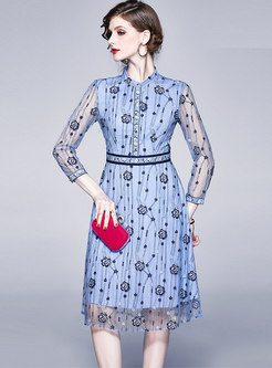 Blue Embroidered Openwork A Line Lace Dress