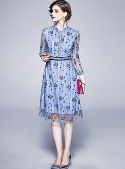 Blue Embroidered Openwork A Line Lace Dress