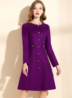 Solid Color Long Sleeve A Line Dress