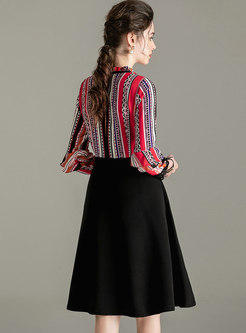 Long Sleeve Print Lace Patchwork Skater Dress