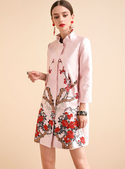 Mock Neck Embroidered Straight Coat