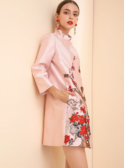 Mock Neck Embroidered Straight Coat