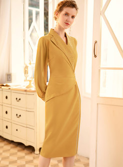 Yellow Notched Long Sleeve Bodycon Dress