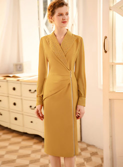 Yellow Notched Long Sleeve Bodycon Dress