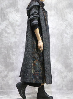 Hooded Wool Blend Embroidered Long Coat