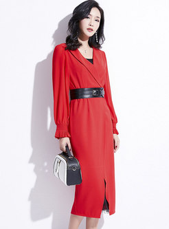 Notched Long Sleeve Belted Dress With Sling Dress