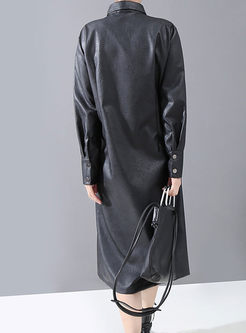 Black Asymmetric PU A Line Midi Dress