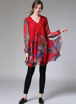 V-neck Print Lace Chiffon Plus Size Dress