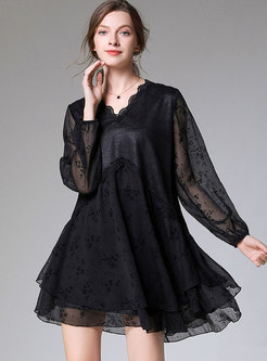 V-neck Print Lace Chiffon Plus Size Dress