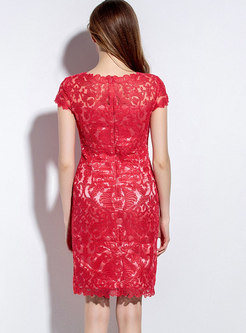 Solid Color Lace Patchwork Mesh Embroidered Sheath Dress