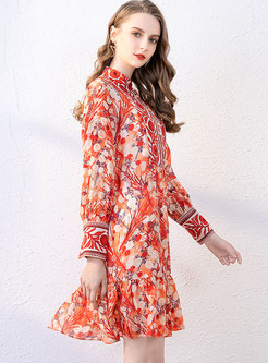 Long Sleeve Silk Print Peplum Dress