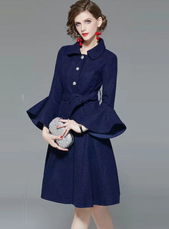 Solid Color Flare Sleeve A Line Coat Dress