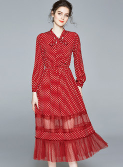Red Polka Dot Mesh Patchwork Maxi Dress