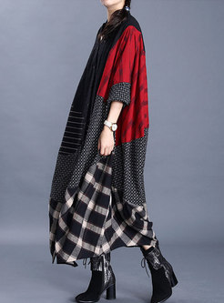 V-neck Cocoon Plaid Patchwork Trench Coat