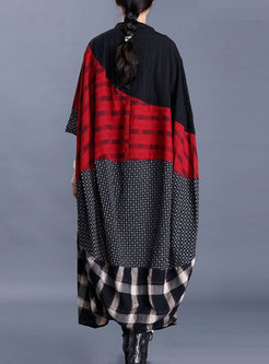 V-neck Cocoon Plaid Patchwork Trench Coat