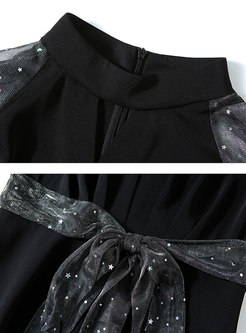 Black Mesh Sequin Back Bowknot Party Dress