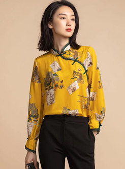 Mandarin Collar Print Silk Blouse
