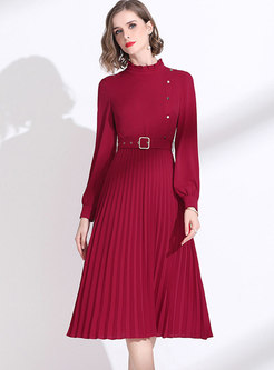 Wine Red Long Sleeve A Line Dress With Belt