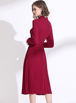 Wine Red Long Sleeve A Line Dress With Belt