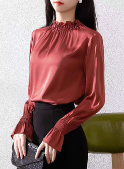 Mock Neck Flare Sleeve Pullover Blouse