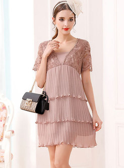V-neck Lace Pleated Mini A Line Dress