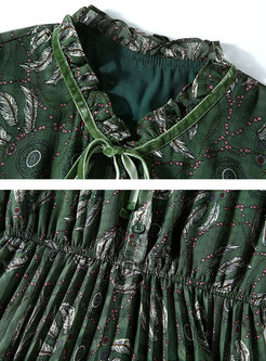 Mock Neck Feather Print Silk A Line Dress