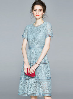 Light Blue Openwork Lace A Line Dress