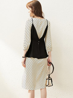 Lapel Striped Slit A Line Dress With Camisole