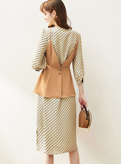 Lapel Striped Slit A Line Dress With Camisole
